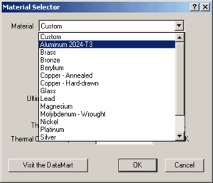 Рис. 5. Выбор свойств материалов из библиотеки visualNastran Desktop 4D