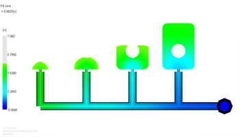 Рис. 4. Растекание расплава материала 1 в форме для исходной несбалансированной литниковой системы (фрагмент); положение фронта расплава показано для времени 0.66 с от начала впрыска