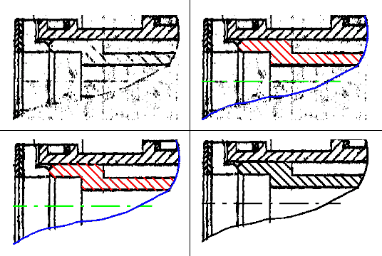 Исходный растр (верхняя левая иллюстрация), исходный растр с восстановленными объектами (верхняя правая иллюстрация), удаление мусора (левая нижняя иллюстрация) и готовое отреставрированное изображение (правая нижняя иллюстрация)