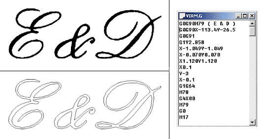 ris Отсканированный логотип компании (верхняя левая иллюстрация), векторное представление логотипа (нижняя левая иллюстрация) и фрагмент готовой программы (правая иллюстрация)