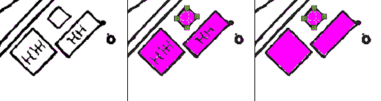 Рис. 11. Трассировка контуров (слева направо: исходное изображение; с учетом внутреннего содержания контуров; без учета внутреннего содержания контуров)
