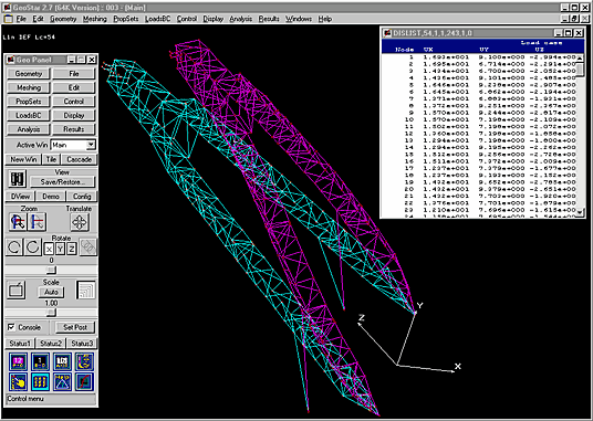 Рабочее окно программы Cosmos/M с результатами расчета: исходная и деформированная форма конструкции, таблица с компонентами узловых перемещений