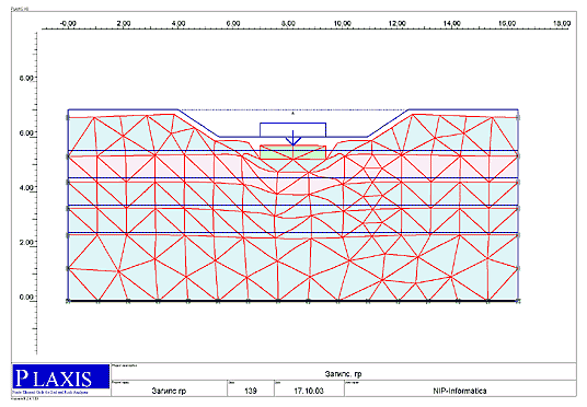Рис. 4. Деформированная схема основания для варианта с понижением УГВ на один метр - с учетом выщелачивания гипса из грунта