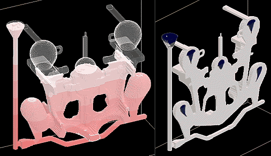 Рис. 33 (слева). Распределение давления в отливке при заполнении формы металлом; Рис. 34 (справа). Распределение дефектов усадочного происхождения после кристаллизации отливки