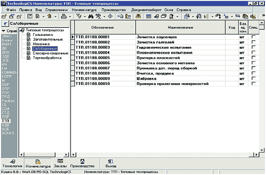 Рис. 8. Пример базы данных типовых технологических процессов и операций
