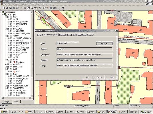 Autodesk MapGuide Author предоставляет возможность выбора основных характеристик карты (система координат, размер, расположение сервера, параметры безопасности данных)