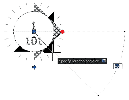 Рис. 12. Изменение угла поворота частей блока посредством активного параметра (поворот стрелки указателя вида по сетке углов)