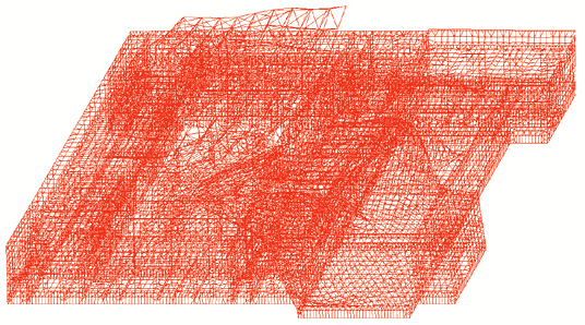 Рис. 10. Деформированная схема здания без системы РМСО с усиленными конструкциями наземной части (10-я форма колебаний)