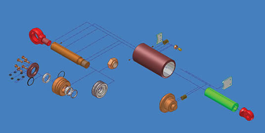 Схема сборки гидроцилиндра, выполненная в Autodesk Inventor Series