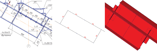Рис. 4. Рабочий чертеж жесткого узла сопряжения главных балок трибуны и его расчетная модель в системе SCAD