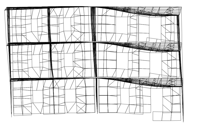 Рис. 4a. Высшие формы колебаний модели фрагмента. 4-я форма, вертикальные колебания колонн и диафрагм жесткости по оси 3, Т4=0,19 с