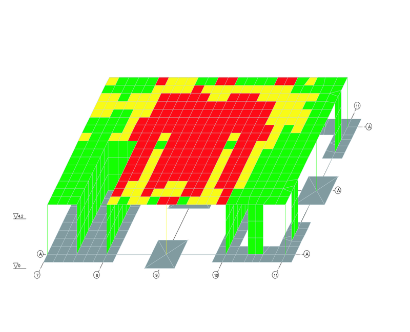 Рис. 4. Результаты расчета в зоне обрушившейся колонны по оси 9/В (красный цвет соответствует вышедшим из строя элементам при осторожной оценке)