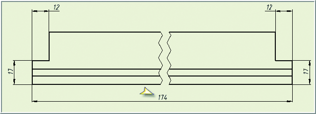 Рис. 5. Ассоциативный чертеж ригеля в библиотечной сборке отражает длину детали до установления связи локального каркаса сборки с главным каркасом (200 - 2х13 = 174 мм)