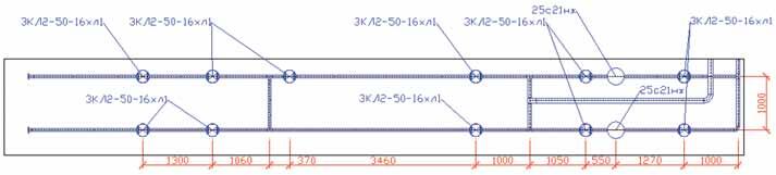 Проекция с осевыми линиями трубопроводов и автоматически проставленными размерами и выносками