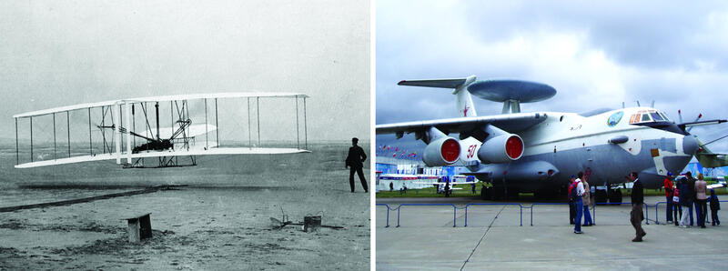 Рис. 2. Слева - самолет братьев Райт (1903); справа - российский самолет А-50 на авиасалоне МАКС-2009