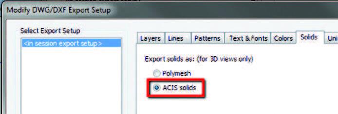 Рис. 3. Включение параметра ACIS solids в параметрах экспорта в DWG