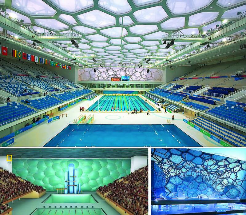 Водный куб: вверху - фотография основного плавательного бассейна, на которой хорошо виден металлический каркас здания; внизу - различные визуализации проекта