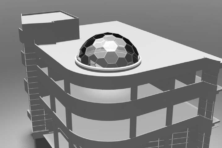 Проект здания с куполом, выполненным с помощью архитектурной системы Alumax AF50. Для создания купола достаточно одного узла и двух уникальных сборок