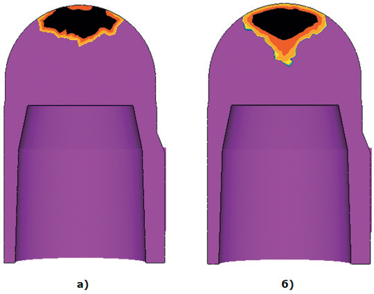 Рис. 7. Сравнение формы усадочной раковины: а) стандартная модель МАКРО; б) новая модель МАКРО