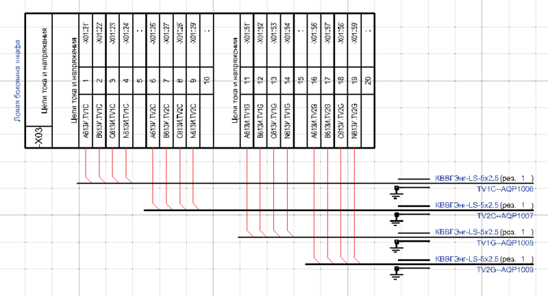 Рис. 9. ГФД, схема подключения кабелей к рядам зажимов, цепи напряжения