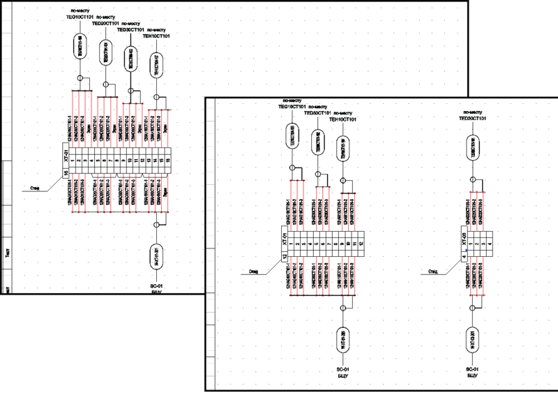 Рис. 11. Фрагмент документа Схема подключения кабелей к рядам зажимов до и после внесения изменений