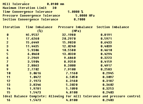 Рис. 3. Фрагмент протокола анализа заполнения с автоматической балансировкой литниковых каналов (результат балансировки представлен на рис. 5)