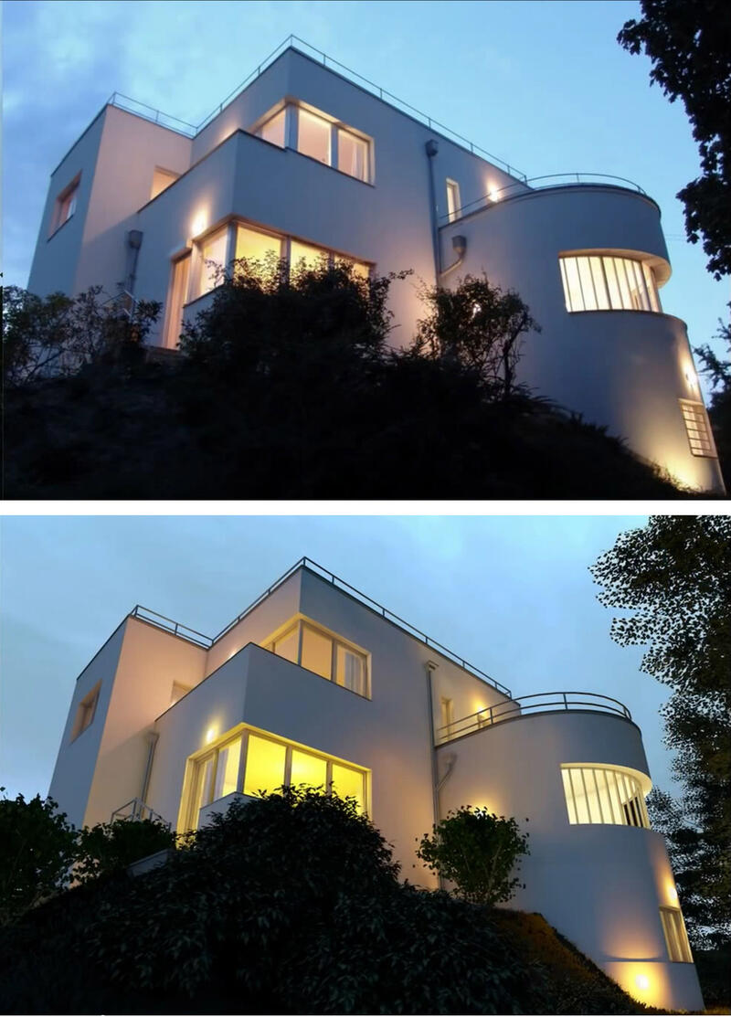 Рис. 1. Верхнее изображение - это реальная фотография здания, а нижнее - визуализация, сделанная в Archicad 18 с того же ракурса