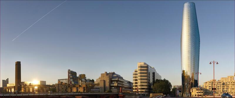 Вид проектируемого здания с севера через мост Блэкфрайерс, где наглядно представлены концепция двойного корпуса и изогнутые контуры башни. Автор изображений - Хейс Дэвидсон (Hayes Davidson)