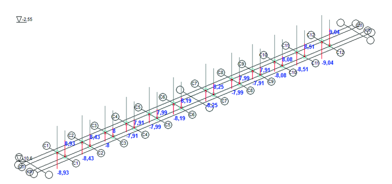 Рис. 15. Загружение 17, итерация 5, дополнительные вертикальные давления на связи конечной жесткости
