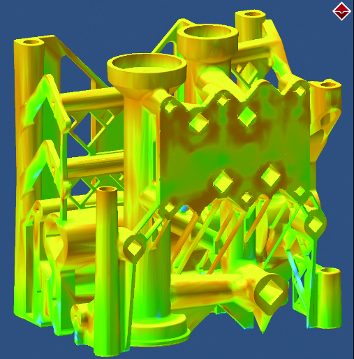 Пример моделирования в Simufact Additive технологии выращивания металлической детали на 3D-принтере. Цветом показано распределение остаточных напряжений