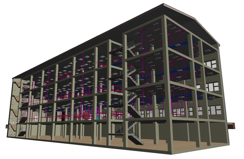 Модель электрической сети, выполненная в nanoCAD Электро, в сводной модели здания, организованной в Archicad