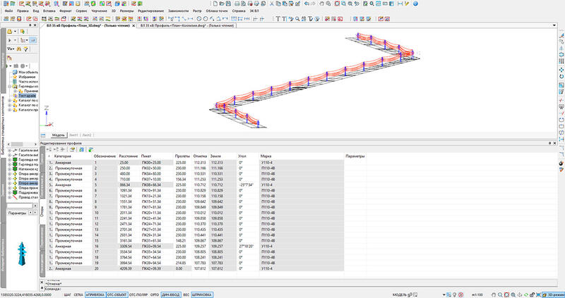 Выполненная в Model Studio CS ЛЭП 3D-модель трассы ВЛ 35 кВ с отображением данных по трассе ВЛ в табличном редакторе профиля