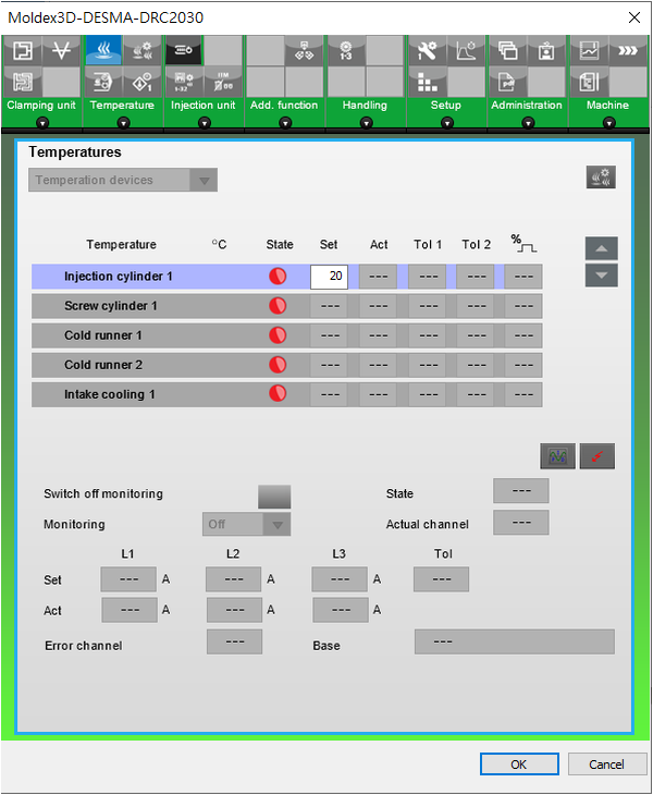 Рис. 9. Виртуальный интерфейс системы управления DRC2030 литьевых машин DESMA для задания технологических условий расчета