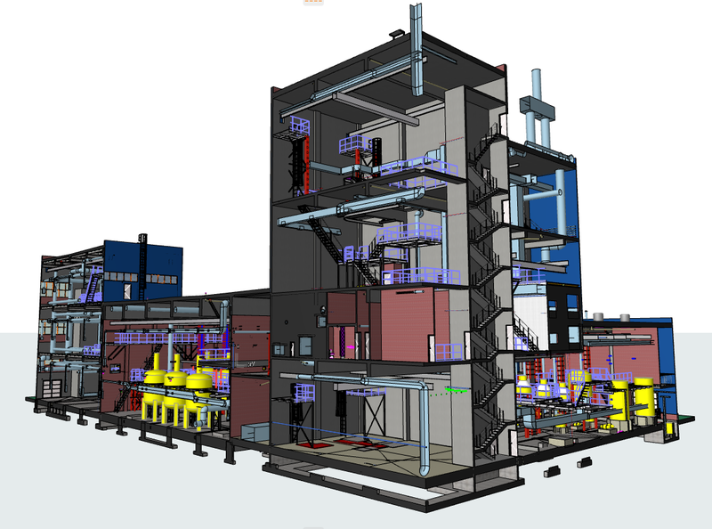 Рис. 19. Трехмерный разрез модели промышленного здания, отражающий сложную объемно-планировочную структуру