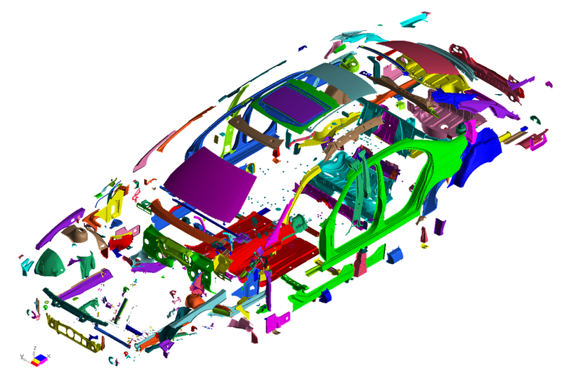 Создание КЭ-модели кузова автомобиля: несколько сотен деталей, несколько тысяч сварных точек, шовная сварка, клеевые соединения, болтовые и заклепочные соединения