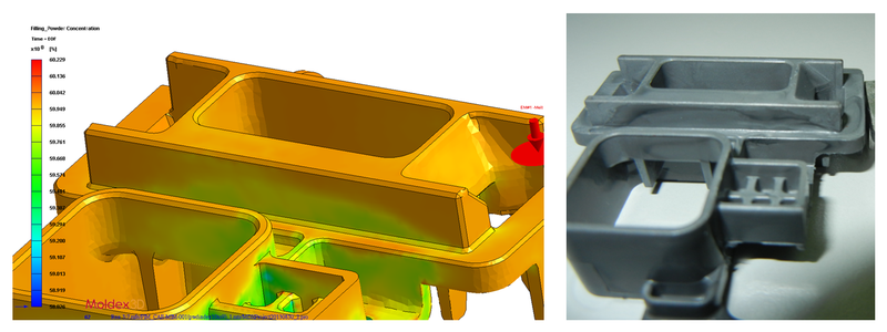 Результаты расчета неравномерной концентрации металлического порошка в детали, изготовленной по MIM-технологии, (слева) и готовая отливка (справа)