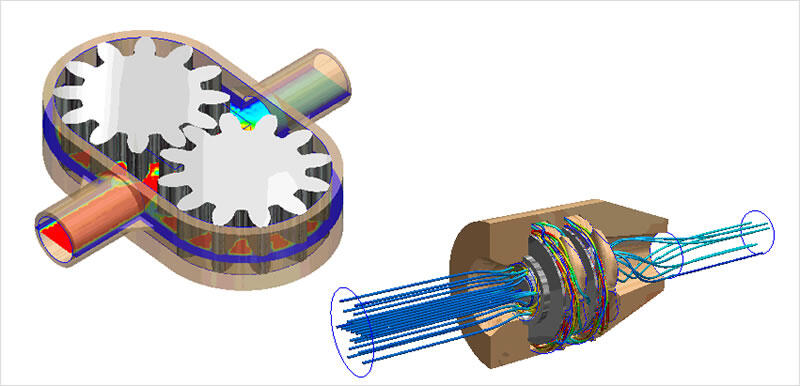 Моделирование работы насосов в Autodesk Simulation CFD Motion варьируется от объемных шестеренных насосов (пример показан на рисунке слева) до многоступенчатых насосов (например, двуступенчатый штанговый скважинный насос, показанный на рисунке справа).